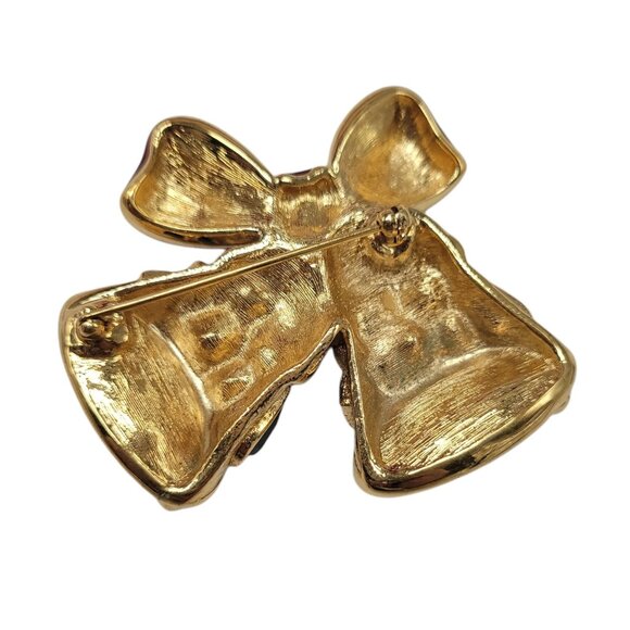 Vintage Bell Brooch With Red Bow & Rhinestones Gold-Tone Holiday Pin 2 Inches - Picture 2 of 4